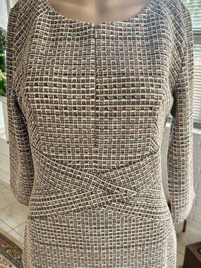 Classic Taupe Tweed Long-Sleeve Sheath Dress